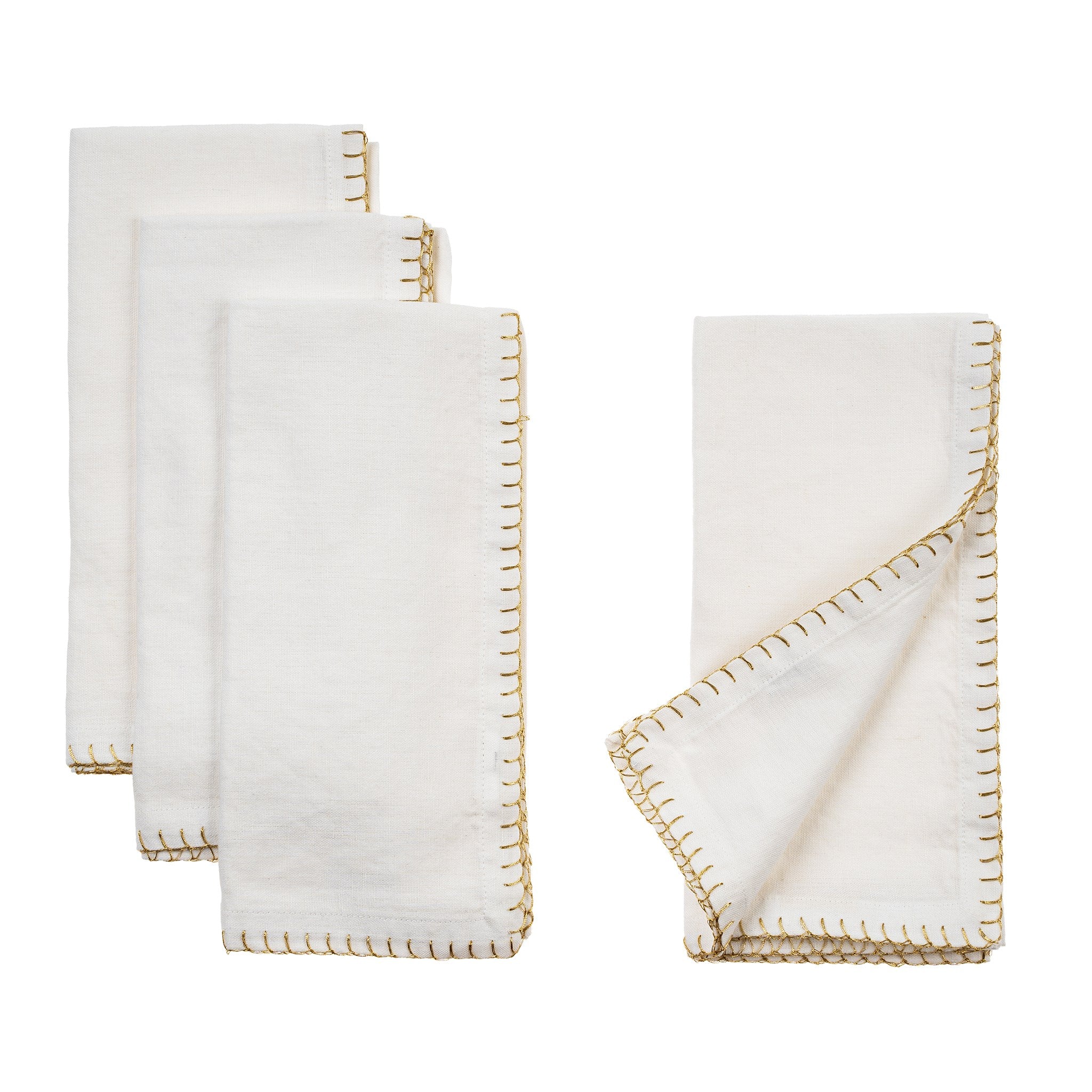Gold Blanket Stitch Napkin, White , (Set of 4)