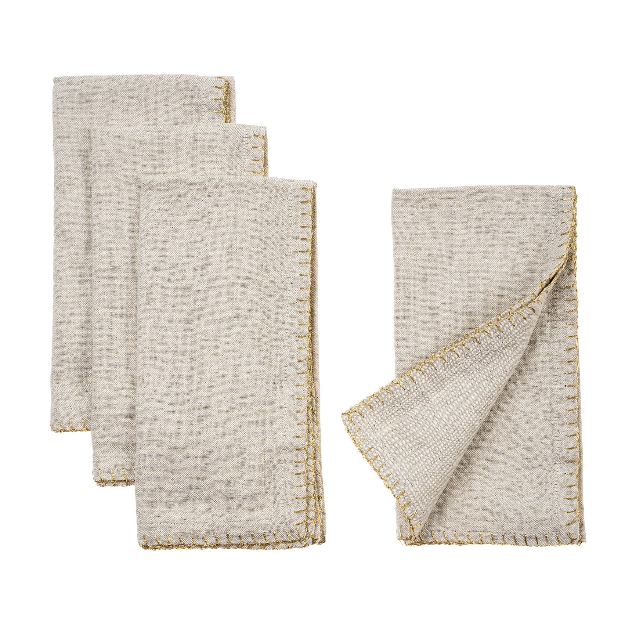 Gold Blanket Stitch Napkin, Linen Grey , (Set of 4)